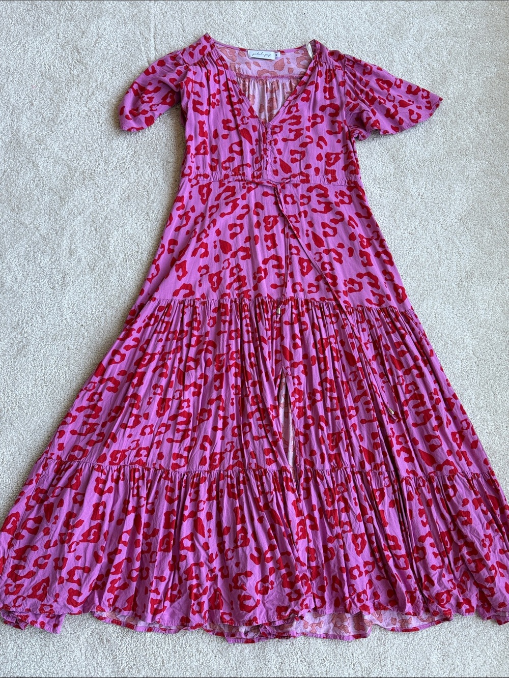 Petal & Pup Hot Pink and Red Leopard Tiered Maxi Dress